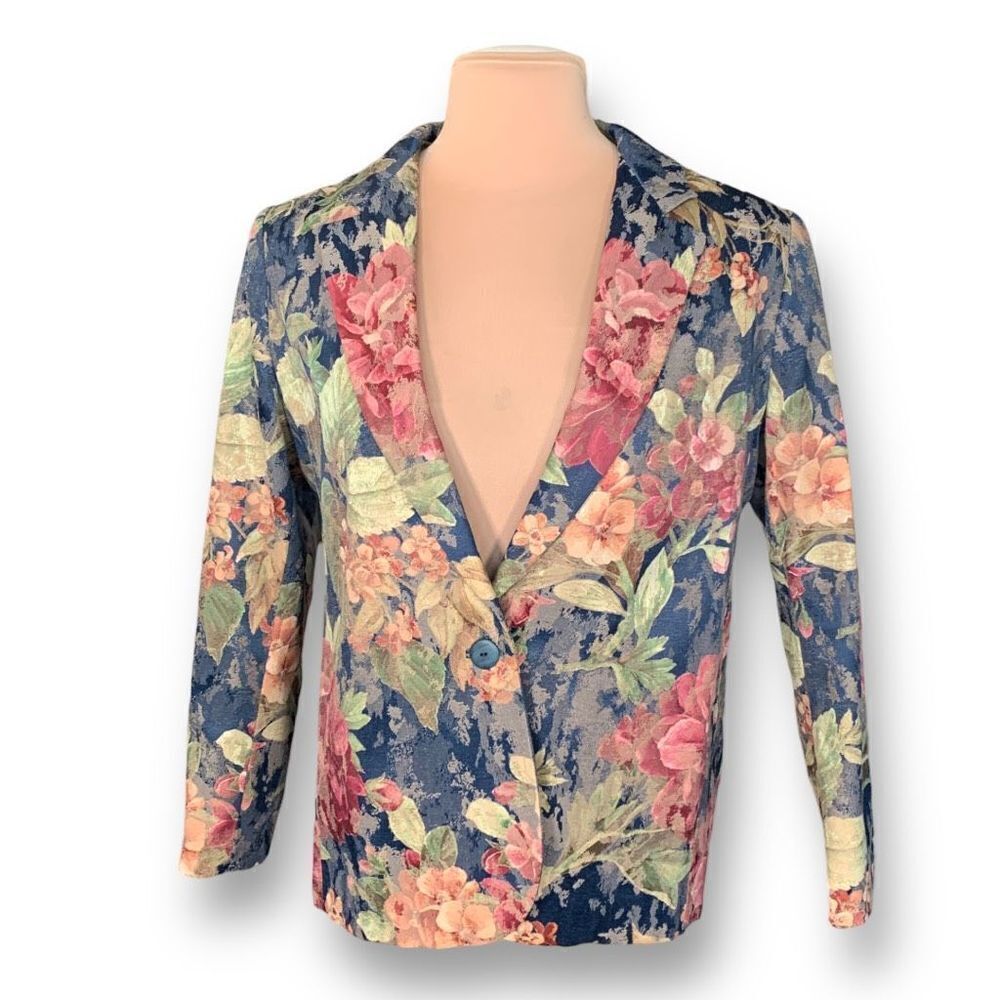 Vintage 90s Structured Blazer Jacket Navy Dark Floral Boxy Oversized Romantic - Picture 9 of 9
